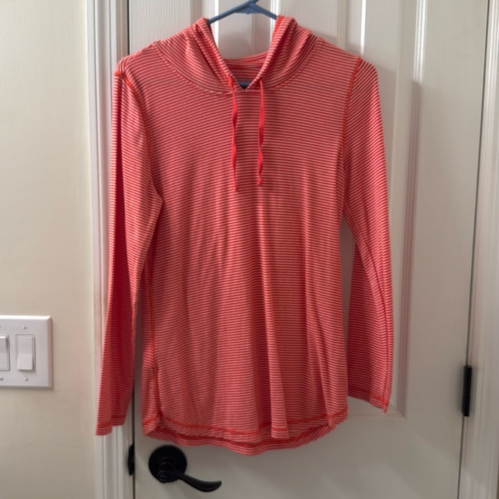 Eddie Bauer lightweight long sleeve with hood, red and white striped, size L